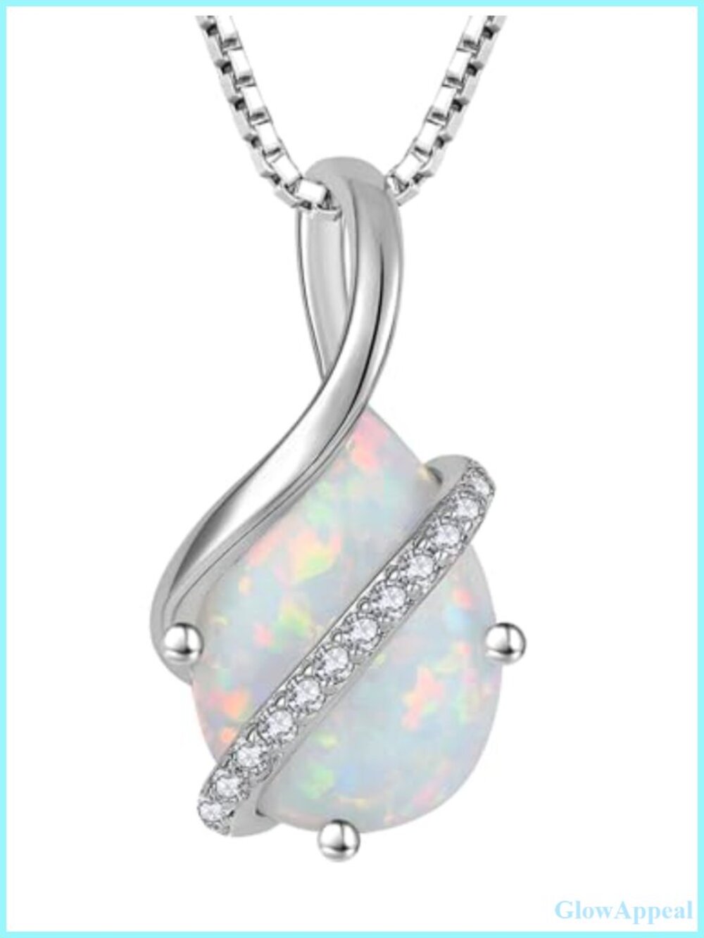 925 Sterling Silver Teardrop Pendant Necklace Created White Opal Birthstone